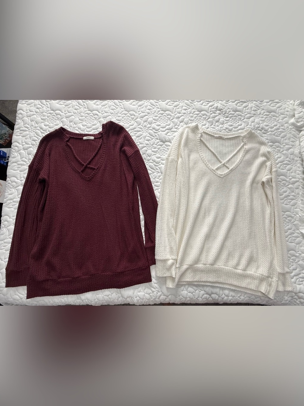Cherish Crisscross V-Neck Sweaters - Burgundy & Ivory